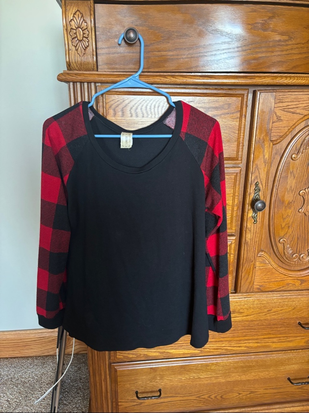 Black Top with Red Buffalo Plaid Sleeves - Women's Blouse